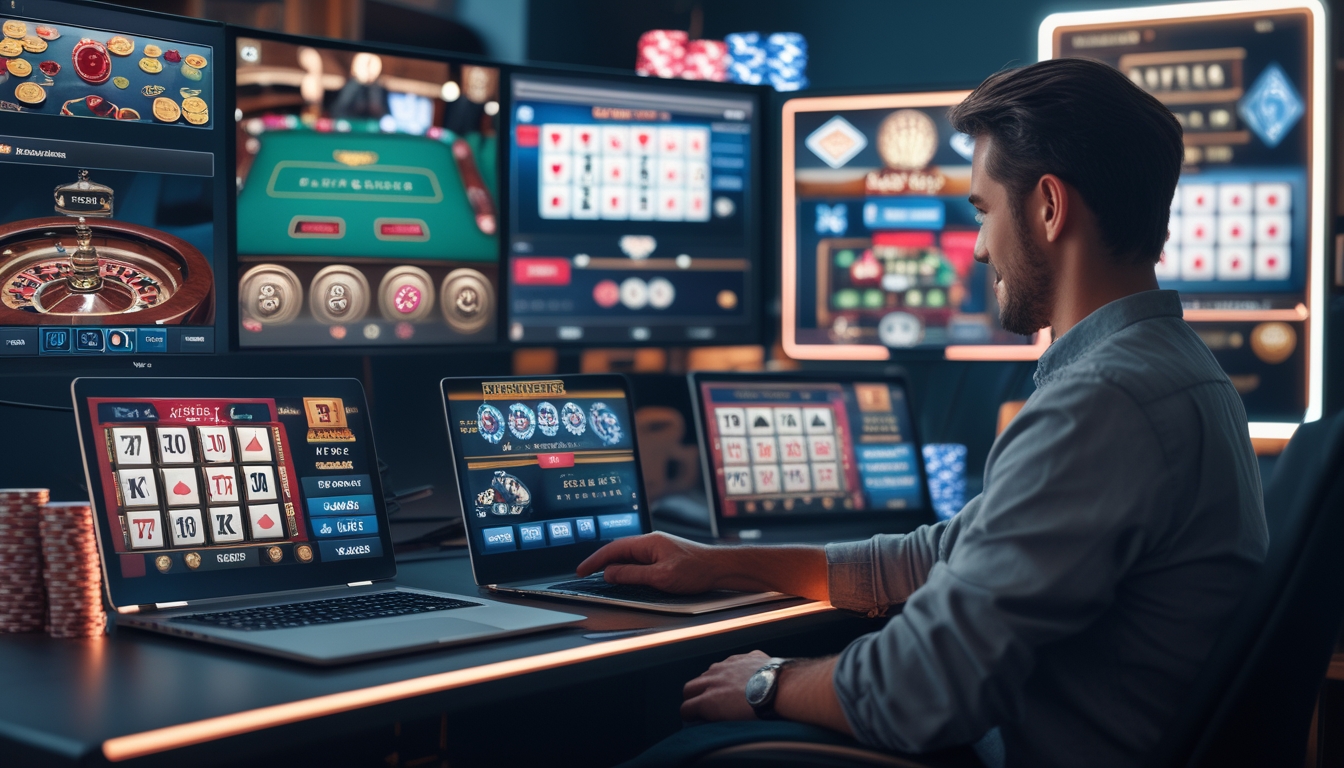 Seorang pemain dewasa sedang bermain di beberapa layar komputer yang menampilkan permainan kasino langsung dengan suasana ruangan yang modern dan terang.
