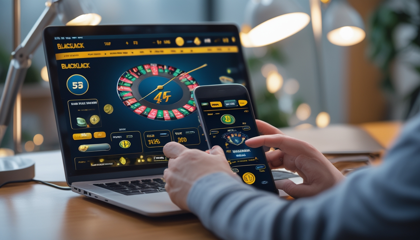 Tampilan antarmuka permainan blackjack online di laptop dan ponsel di atas meja kayu dengan tangan yang sedang menggunakan ponsel.