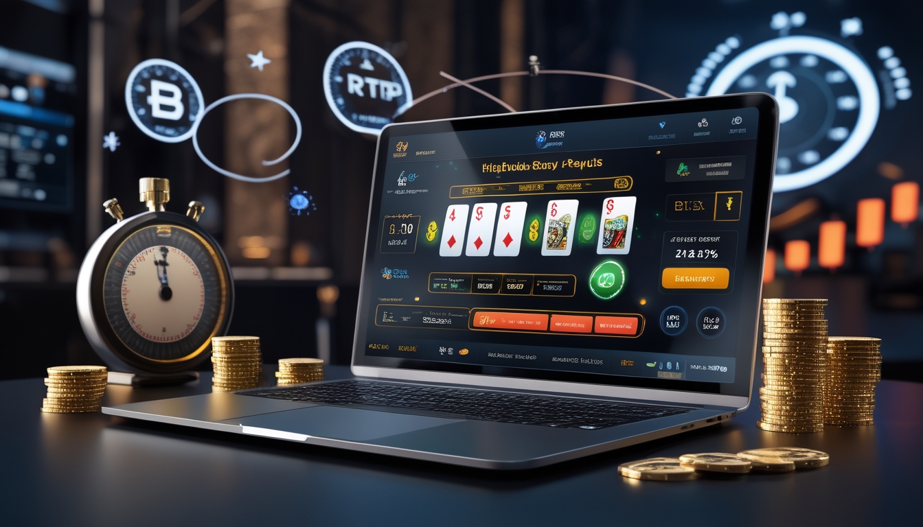 Sebuah meja dengan komputer yang menampilkan permainan blackjack online dengan kartu dan chip, dikelilingi simbol kecepatan dan keandalan dalam suasana kasino modern.