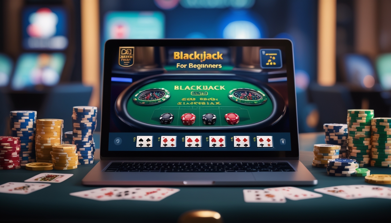 Seorang pemula bermain blackjack online di laptop dengan kartu dan chip kasino di meja.