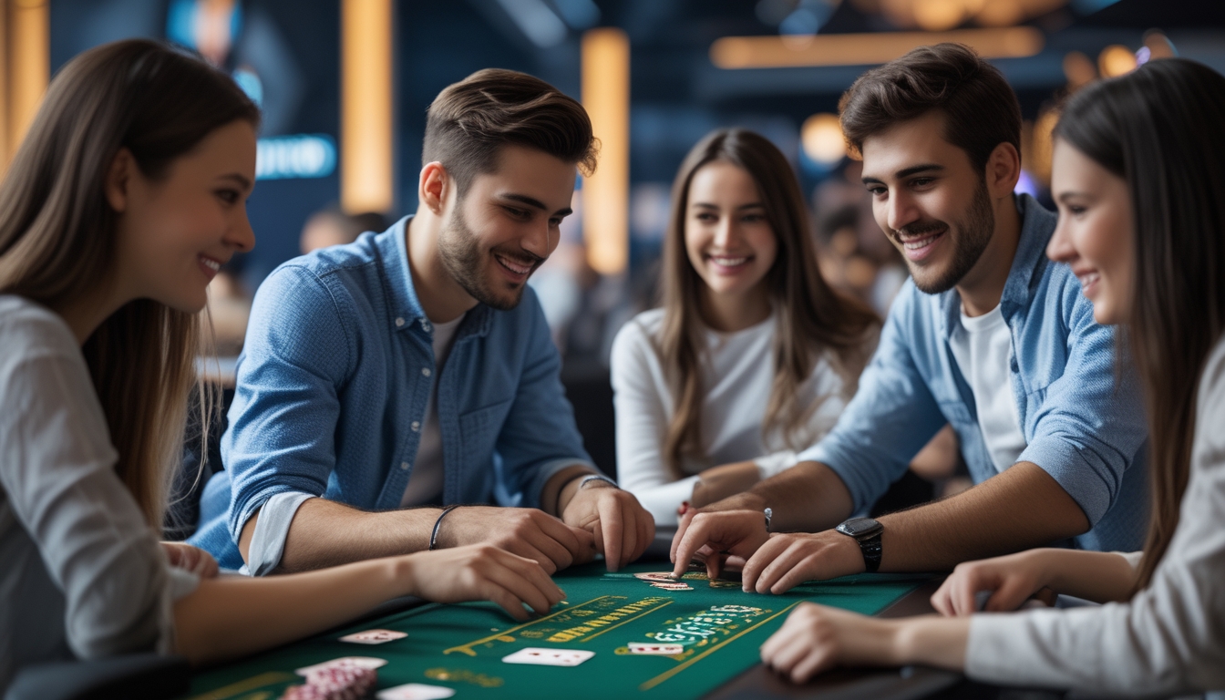 Sekelompok orang muda bermain blackjack di depan layar komputer dengan suasana kasino online yang nyaman.