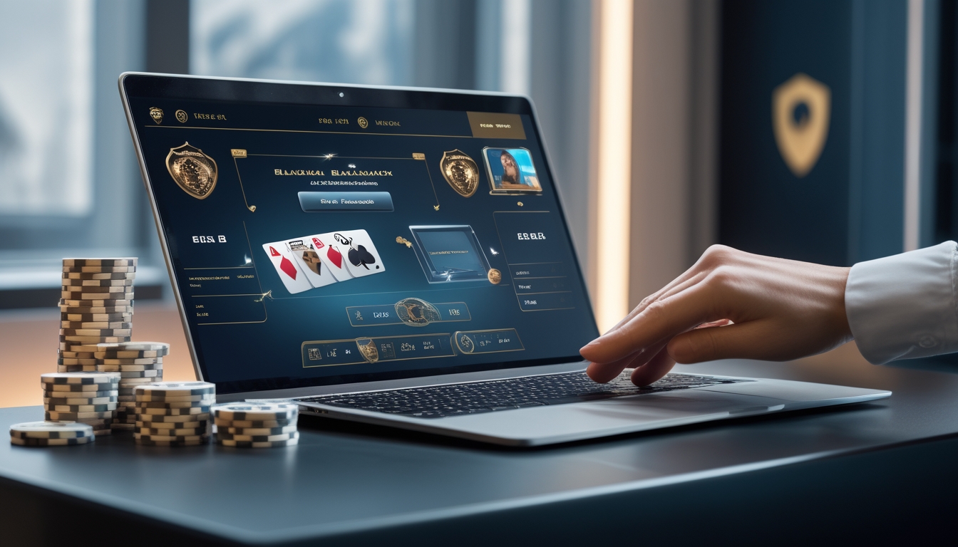 Seorang pemain sedang bermain blackjack online di depan komputer dengan kartu dan tumpukan chip di meja.