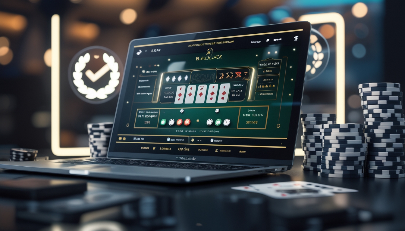 Seorang pemain menggunakan laptop dengan tampilan permainan blackjack online dan tumpukan chip di meja, menunjukkan suasana kasino yang modern dan terpercaya.