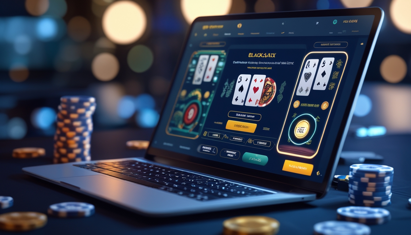 Layar perangkat digital menampilkan permainan blackjack online dengan kartu dan chip, dikelilingi oleh suasana kasino yang mewah dan menarik.
