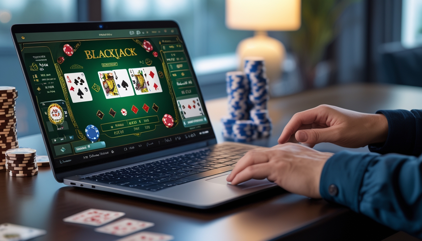 Seseorang sedang bermain blackjack online di komputer dengan kartu dan chip di layar dalam suasana ruangan modern.