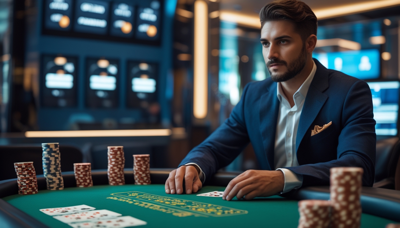 Seorang pemain berjudi di meja blackjack di kasino modern dengan kartu dan chip taruhan di depan, suasana aman dan profesional.