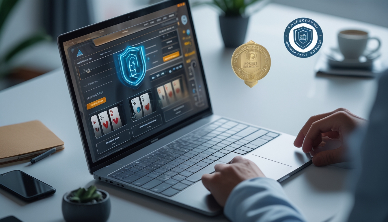 Seorang pengguna sedang bermain blackjack online di komputer dengan simbol keamanan dan lisensi di sekitar layar.
