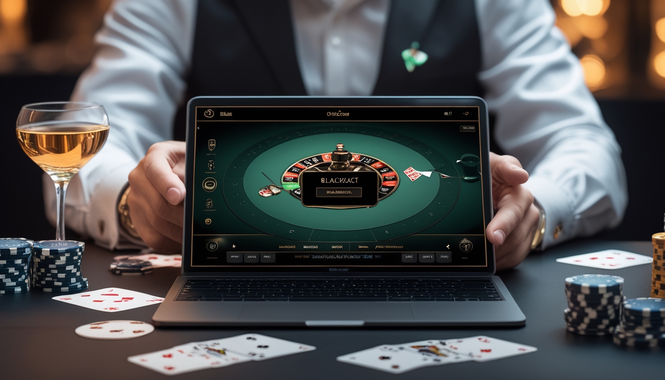 Seorang pemain menggunakan perangkat digital untuk bermain blackjack online dengan dealer langsung di latar belakang.