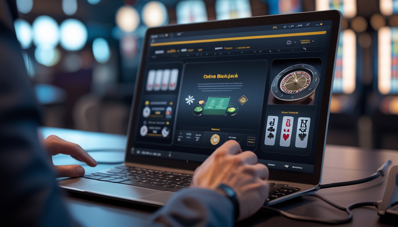 Tampilan meja blackjack online dengan kartu dan chip di layar komputer, menampilkan permainan langsung di platform kasino digital.