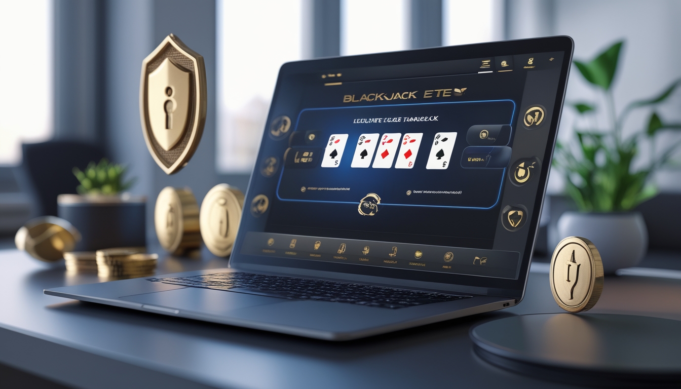 Meja blackjack digital di layar komputer dengan simbol keamanan dan transaksi aman di latar belakang.