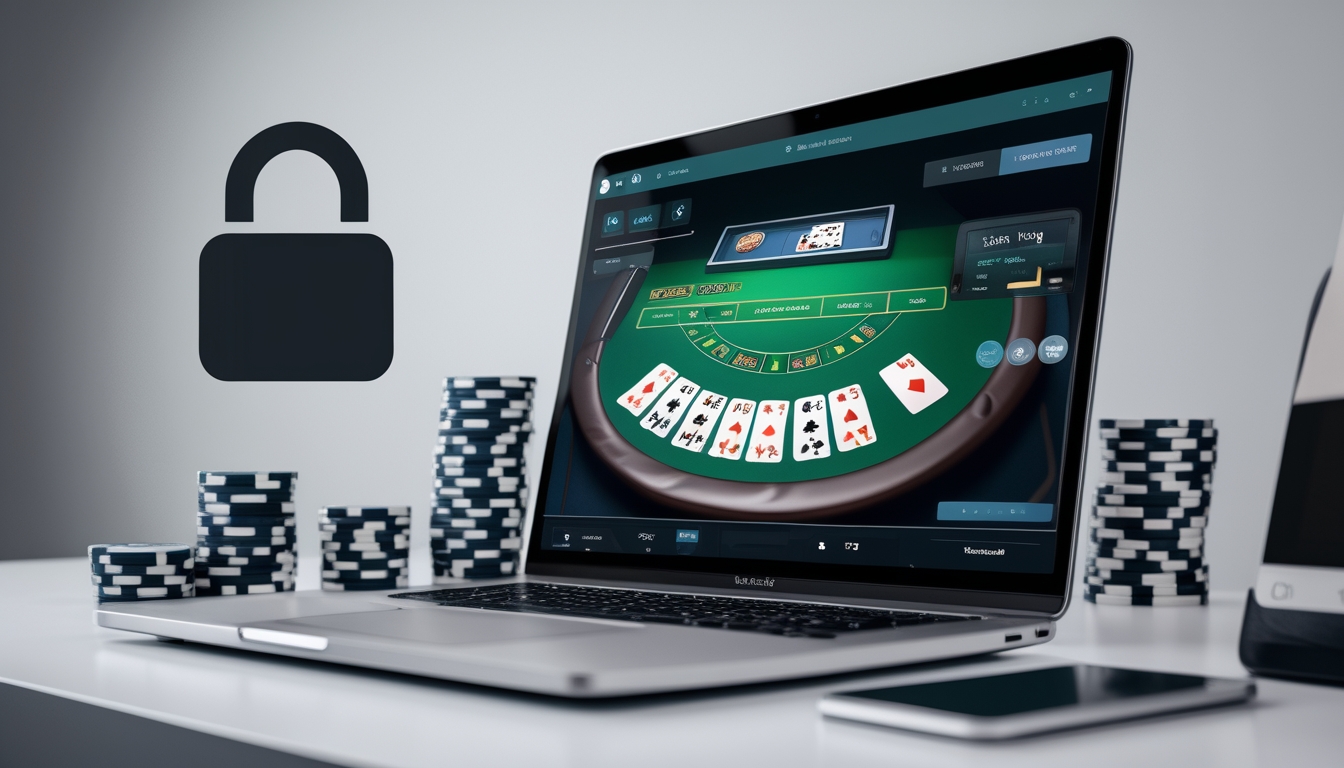 Seorang pemain sedang menggunakan laptop dengan tampilan permainan blackjack online dan perangkat lain di meja yang menunjukkan transaksi aman.