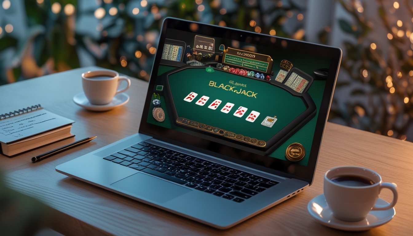 Sebuah laptop menampilkan permainan blackjack online dengan kartu dan chip di meja digital, dikelilingi oleh buku catatan, pena, dan secangkir kopi.