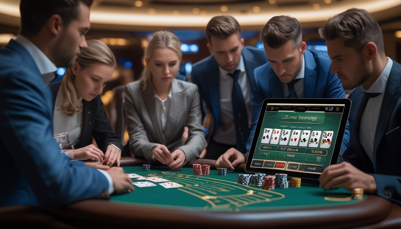 Orang-orang bermain blackjack di meja kasino dengan kartu, chip, dan perangkat digital di lingkungan kasino yang elegan.