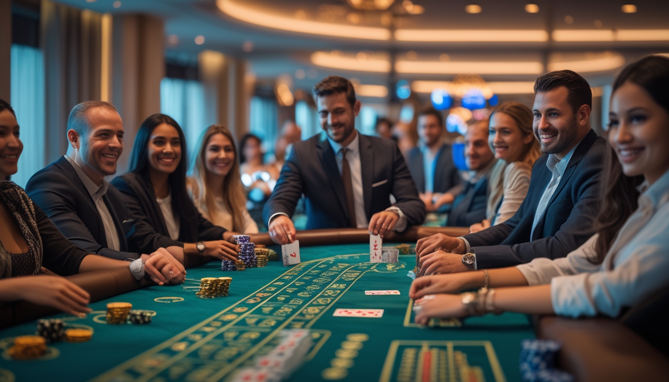 Suasana meja blackjack di kasino dengan dealer dan pemain yang sedang bermain kartu.