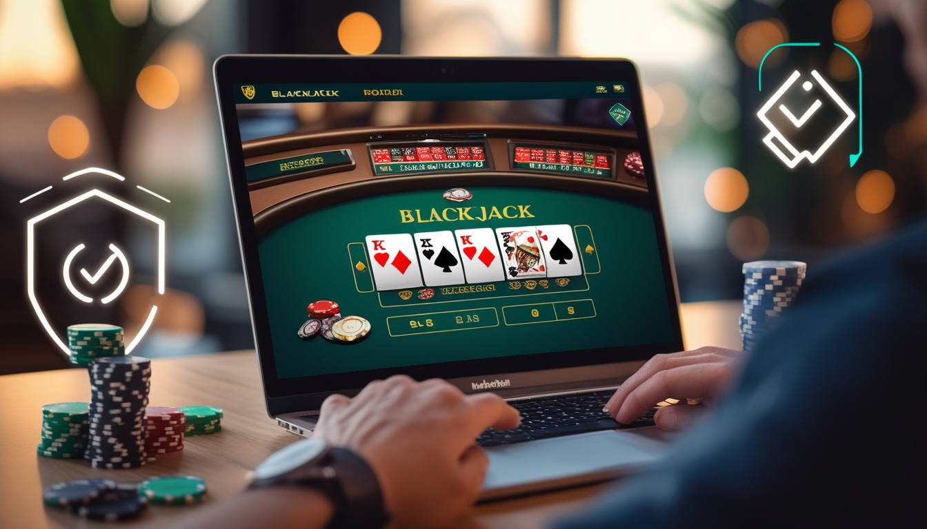 Tampilan layar komputer menampilkan permainan blackjack online dengan kartu dan chip, dikelilingi ikon keamanan dan suasana yang nyaman.