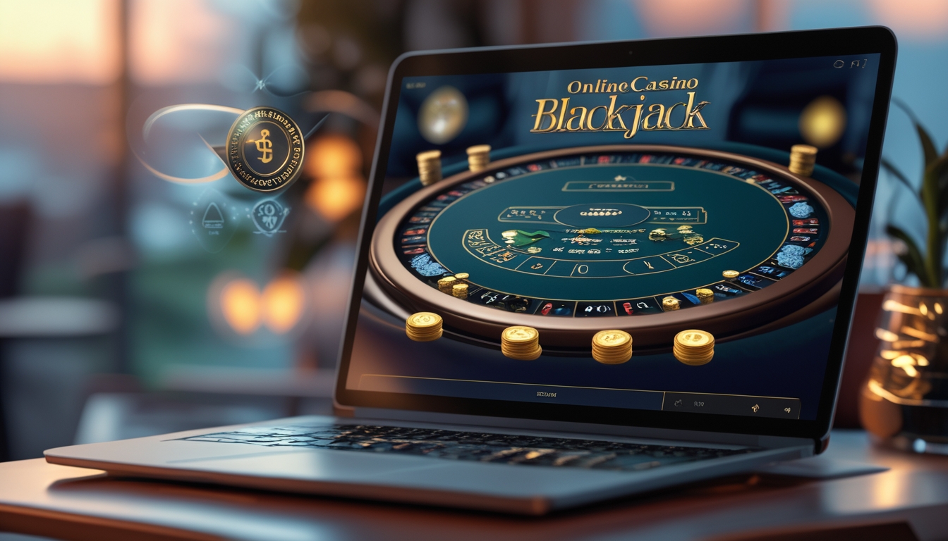Layar laptop menampilkan permainan blackjack online dengan kartu dan chip di meja digital dalam suasana ruang kerja modern.
