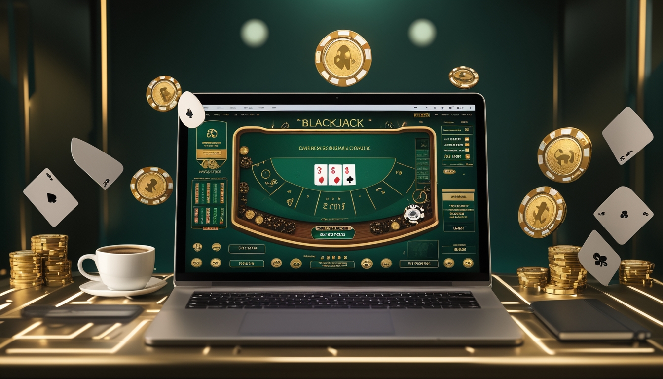 Seorang pemain sedang menggunakan komputer dengan permainan blackjack online yang menampilkan kartu dan chip di layar, di meja terdapat cangkir kopi dan catatan.