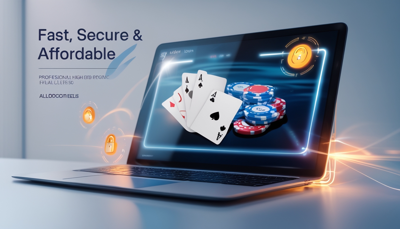 Seseorang menggunakan laptop atau ponsel untuk bermain poker online dengan tampilan kartu dan chip poker di layar.