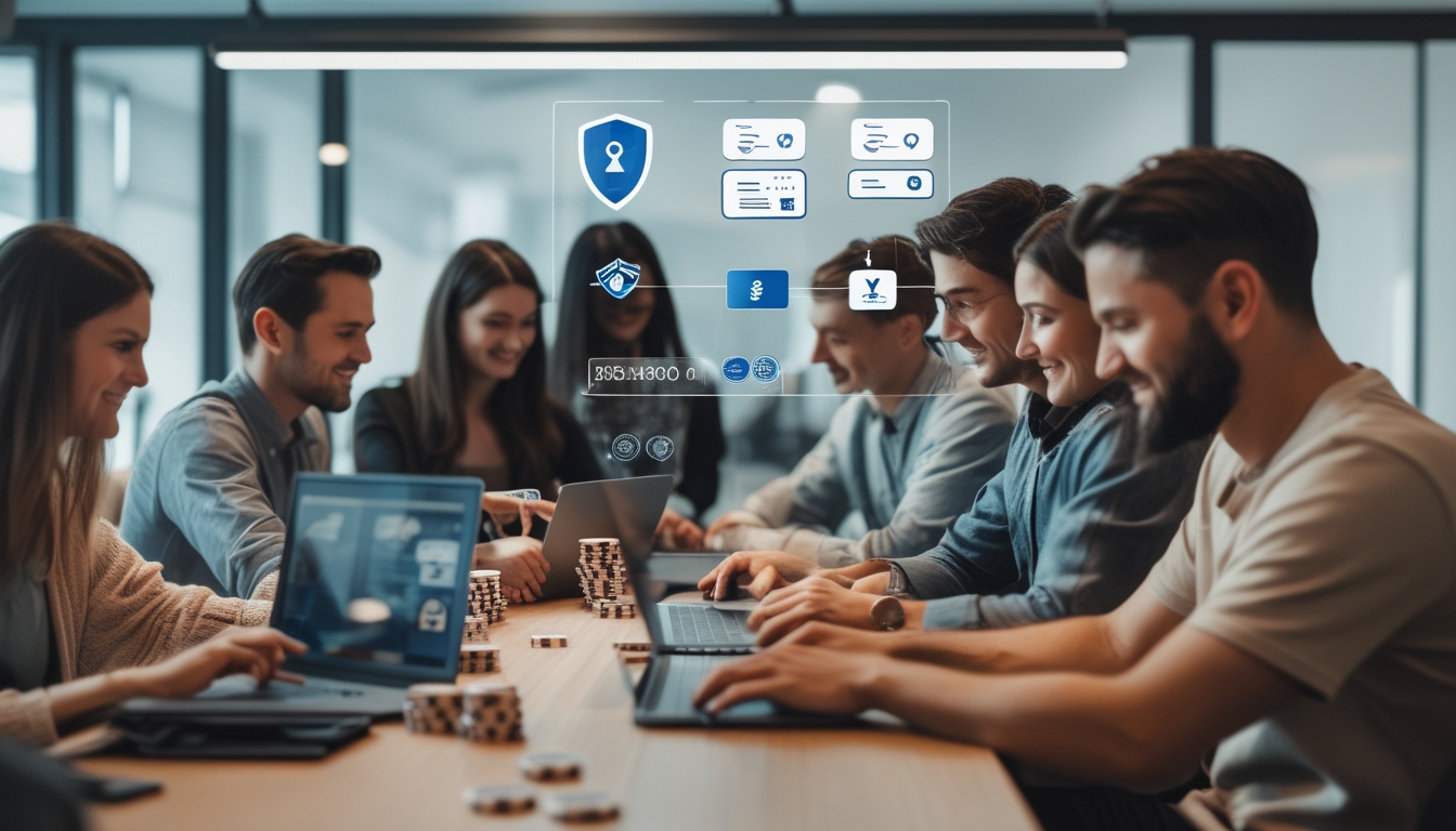 Beberapa orang bermain poker online menggunakan laptop dan ponsel di ruangan modern dengan suasana hangat dan aman.