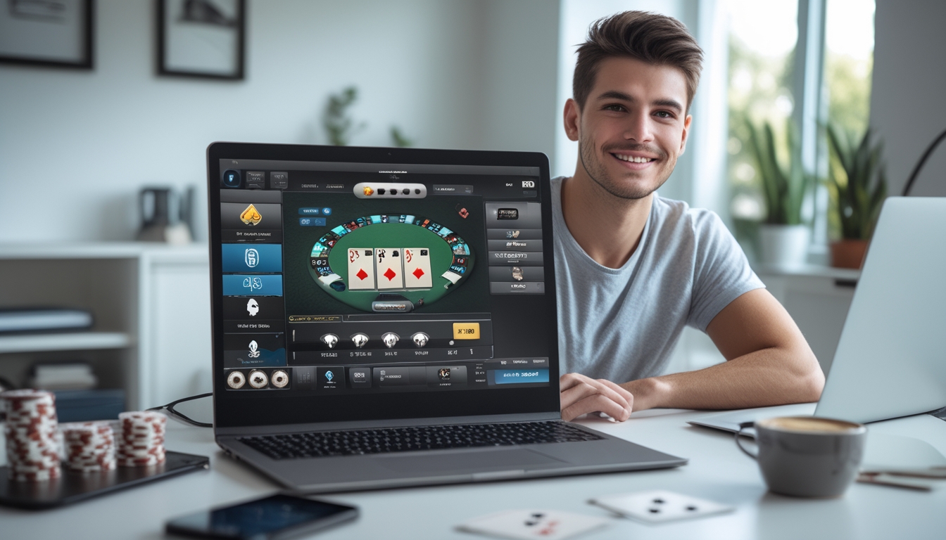 Seorang dewasa muda duduk di meja dengan laptop menampilkan permainan poker, dikelilingi chip dan kartu remi, terlihat fokus dan tersenyum di ruang kerja rumah yang terang.