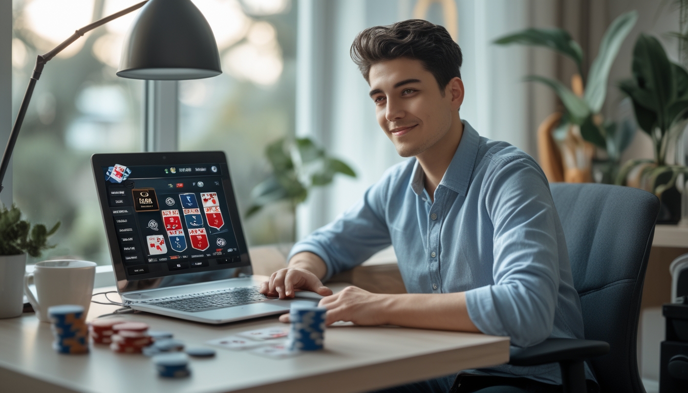 Seorang dewasa muda duduk di meja dengan laptop terbuka menampilkan permainan poker online, terlihat fokus dan tersenyum di ruang kerja yang nyaman.