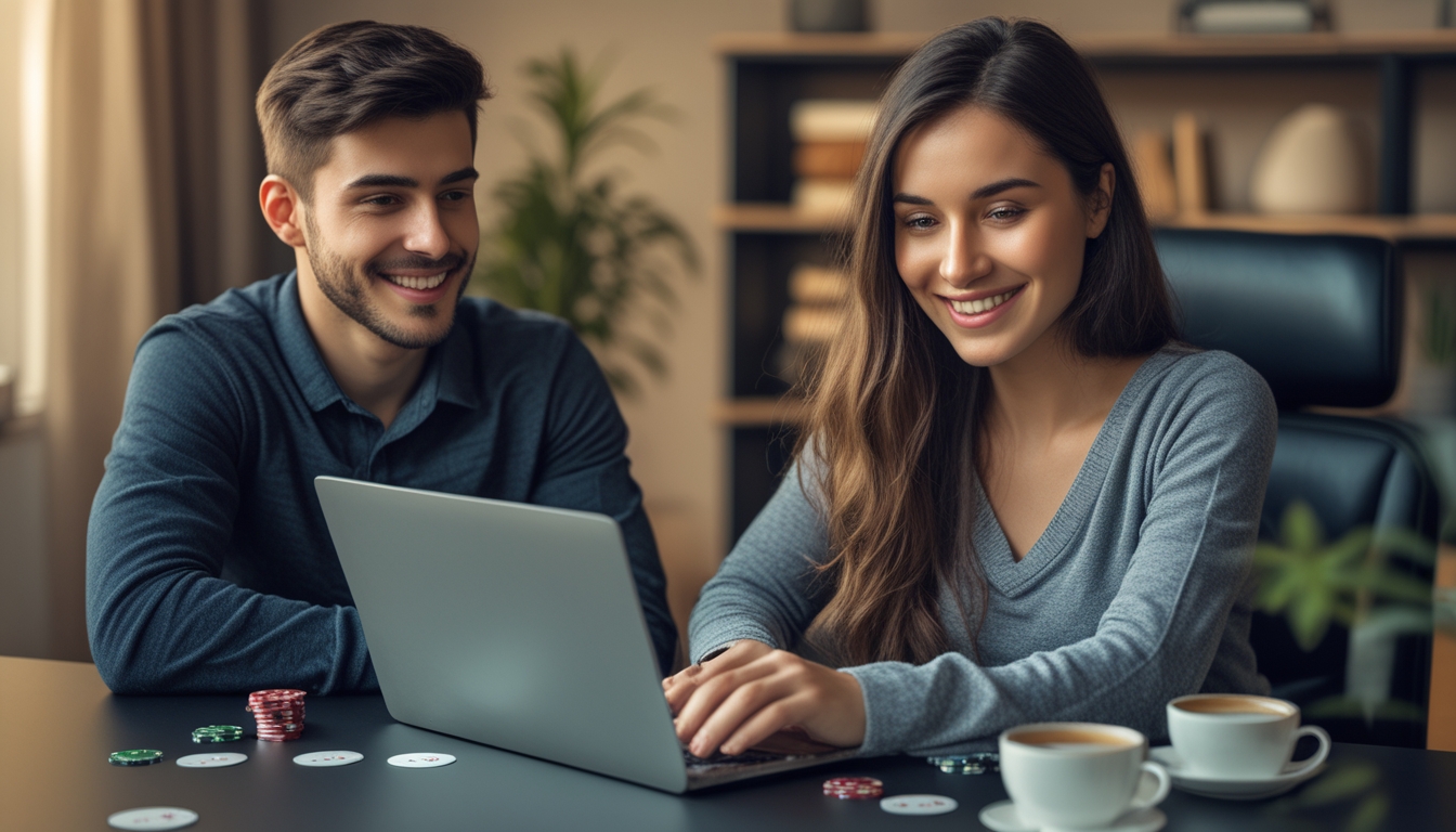 Dua orang muda sedang bermain poker online di laptop dengan chip poker dan kartu di meja, suasana nyaman di ruang kerja rumah.