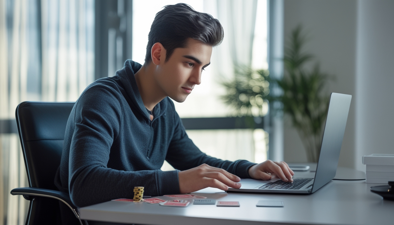 Seorang pria muda duduk di meja dengan laptop, bermain poker online dengan suasana nyaman dan santai.