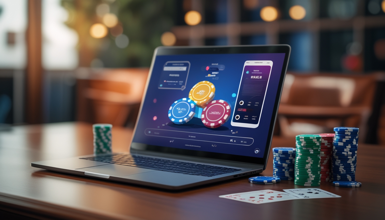 Sebuah laptop dengan permainan poker online di layar, dikelilingi chip poker dan kartu di atas meja kayu.