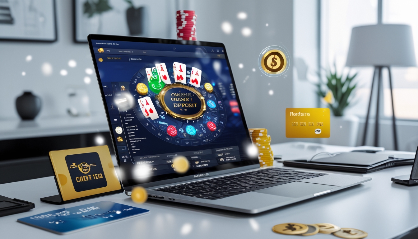 Seorang pengguna bekerja dengan laptop menampilkan permainan poker online, dikelilingi chip poker, kartu bermain, kartu kredit, dan ponsel yang menunjukkan aplikasi perbankan, di ruang kantor yang bersih dan terang.