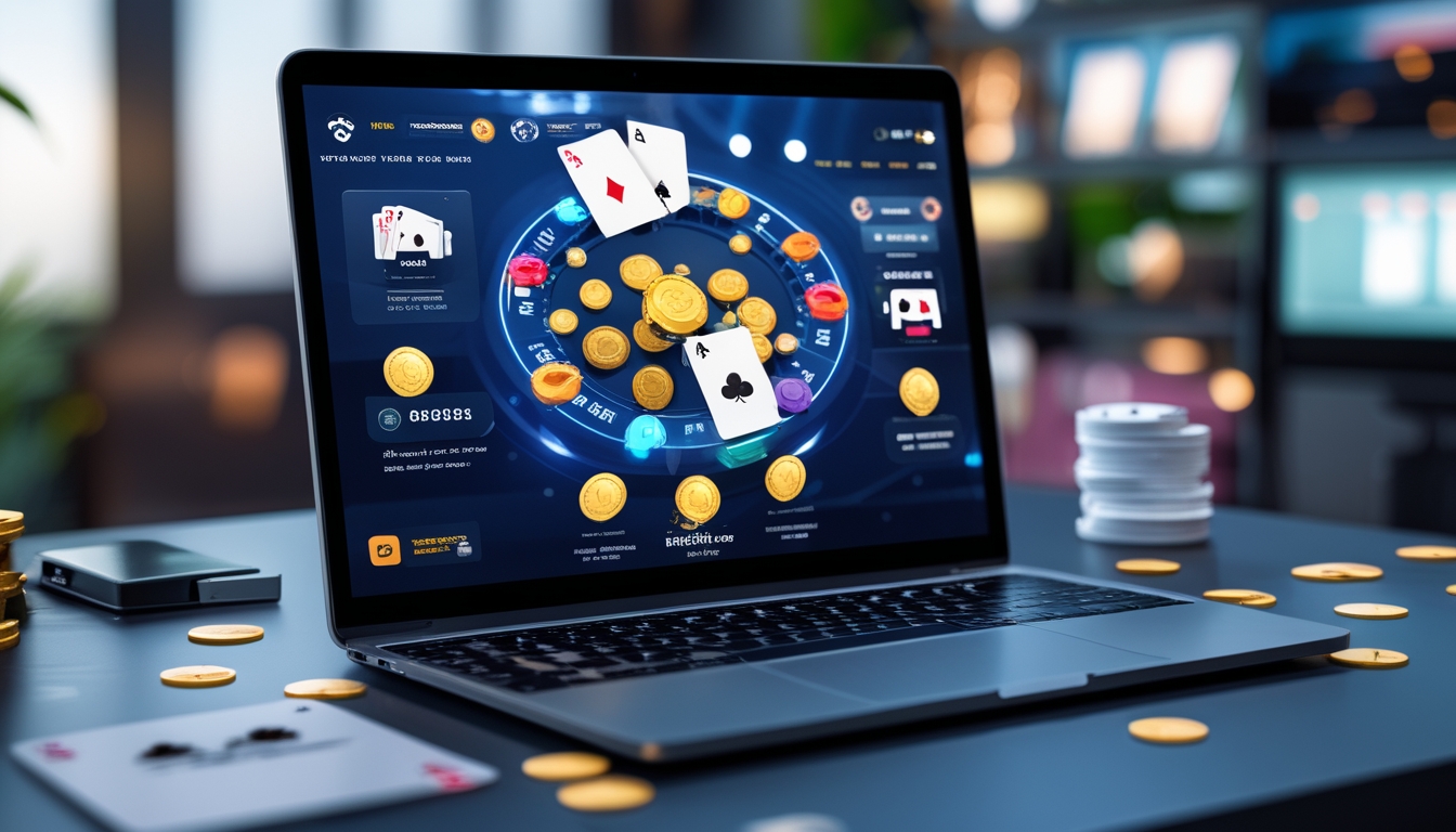 Seseorang menggunakan komputer dengan tampilan permainan poker online lengkap dengan chip dan kartu poker di layar.