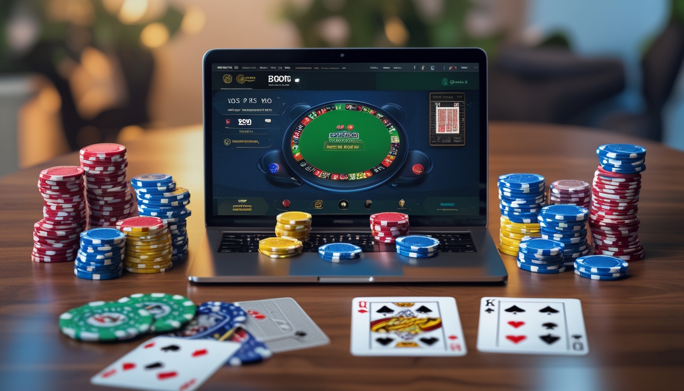 Sebuah laptop menampilkan permainan poker online dengan kartu dan tumpukan chip poker di atas meja kayu, di sekitar ada ponsel yang menunjukkan notifikasi bonus, suasana nyaman di dalam ruangan.