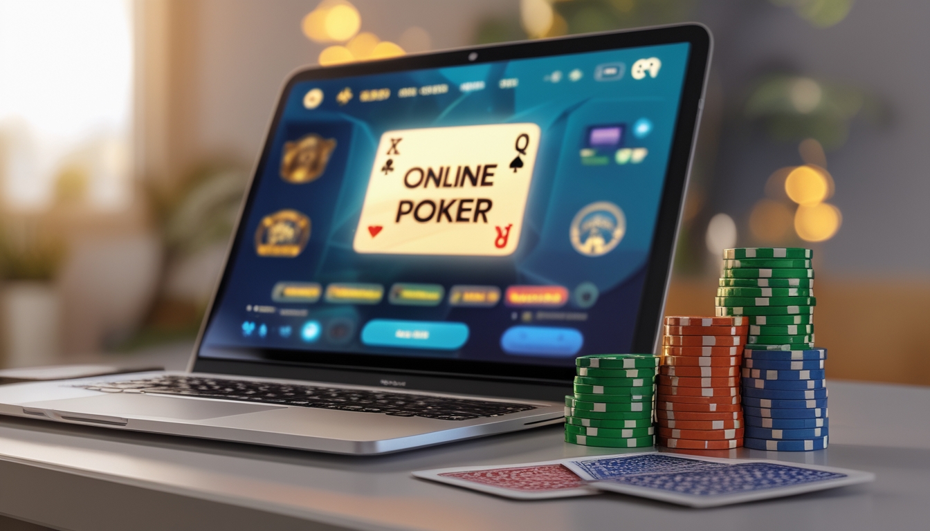 Seorang dewasa muda tersenyum sambil memegang kartu poker di depan laptop yang menampilkan permainan poker online dengan tumpukan chip warna-warni di meja.