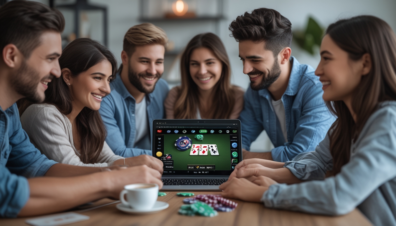 Beberapa orang sedang bermain poker online menggunakan laptop di rumah dengan suasana santai dan penuh semangat.