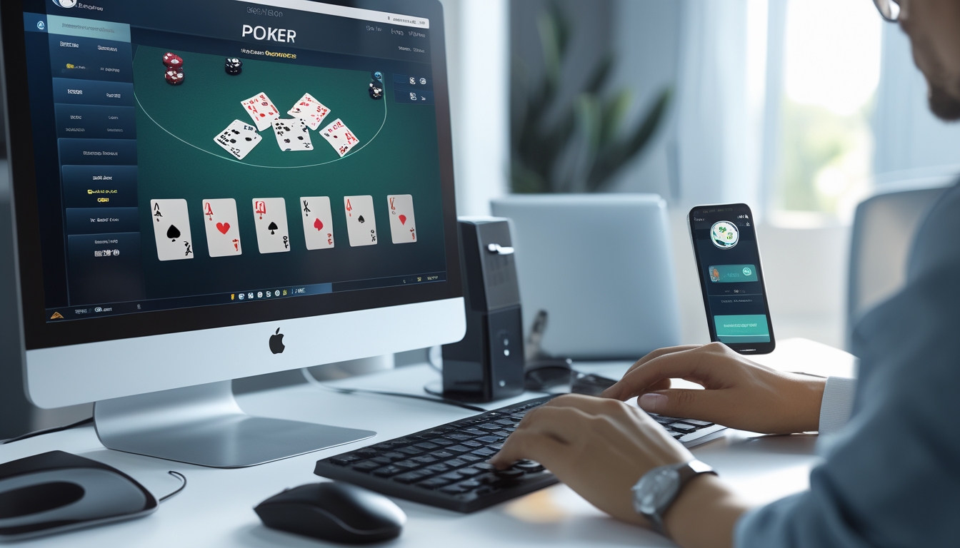 Seseorang bermain poker online di komputer dengan tumpukan chip dan kartu di layar, di meja juga terlihat ponsel yang menampilkan aplikasi pembayaran.