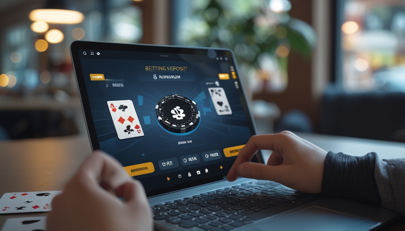Seseorang bermain poker online menggunakan laptop di lingkungan yang nyaman dengan tumpukan chip dan kartu di layar.