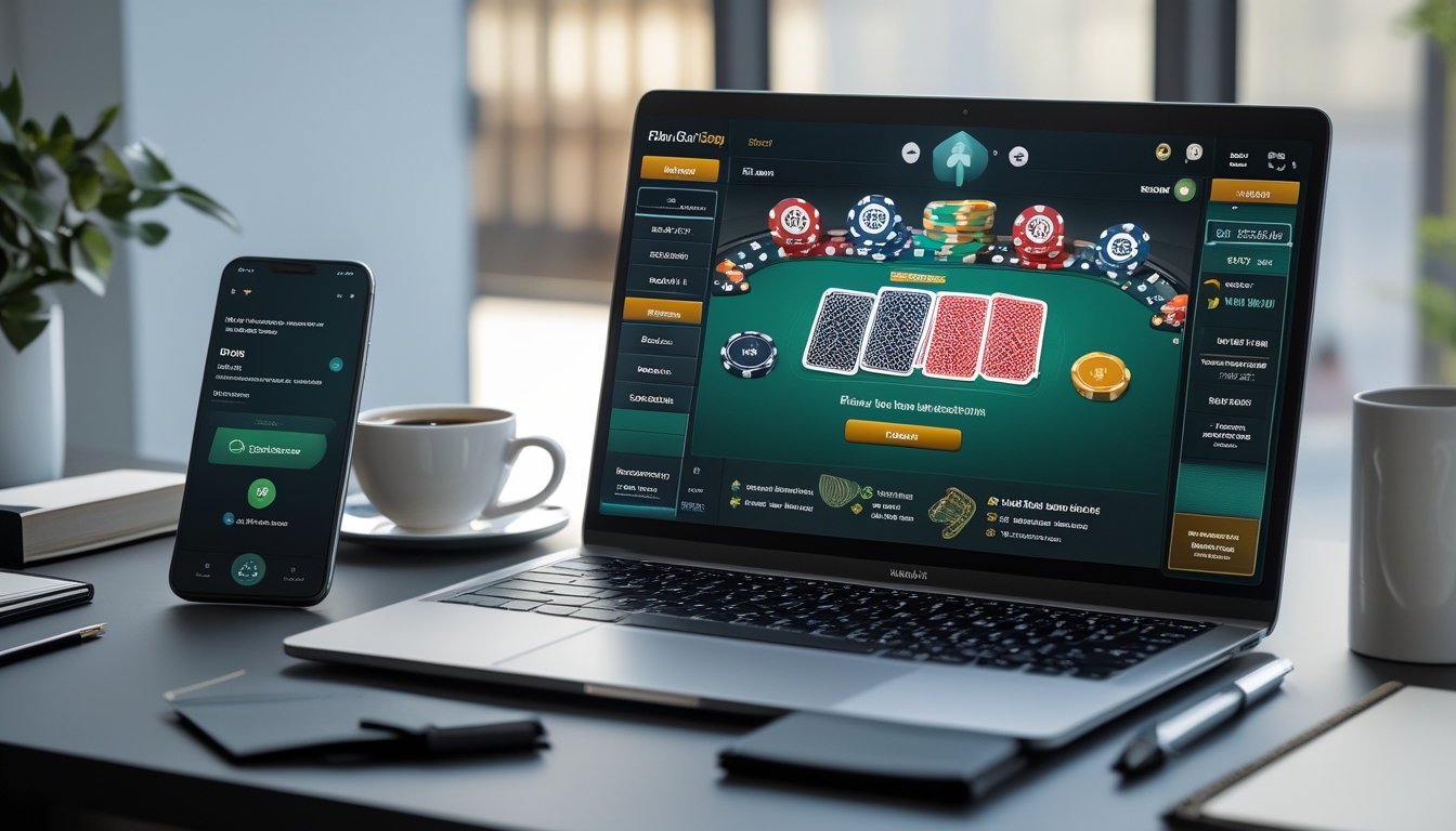 Seorang pemain poker online menggunakan laptop dan smartphone di meja kerja dengan suasana yang nyaman dan pencahayaan alami.