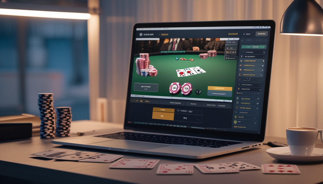 Seorang pemain poker online menggunakan laptop dan ponsel dengan tumpukan chip poker dan kartu di meja.