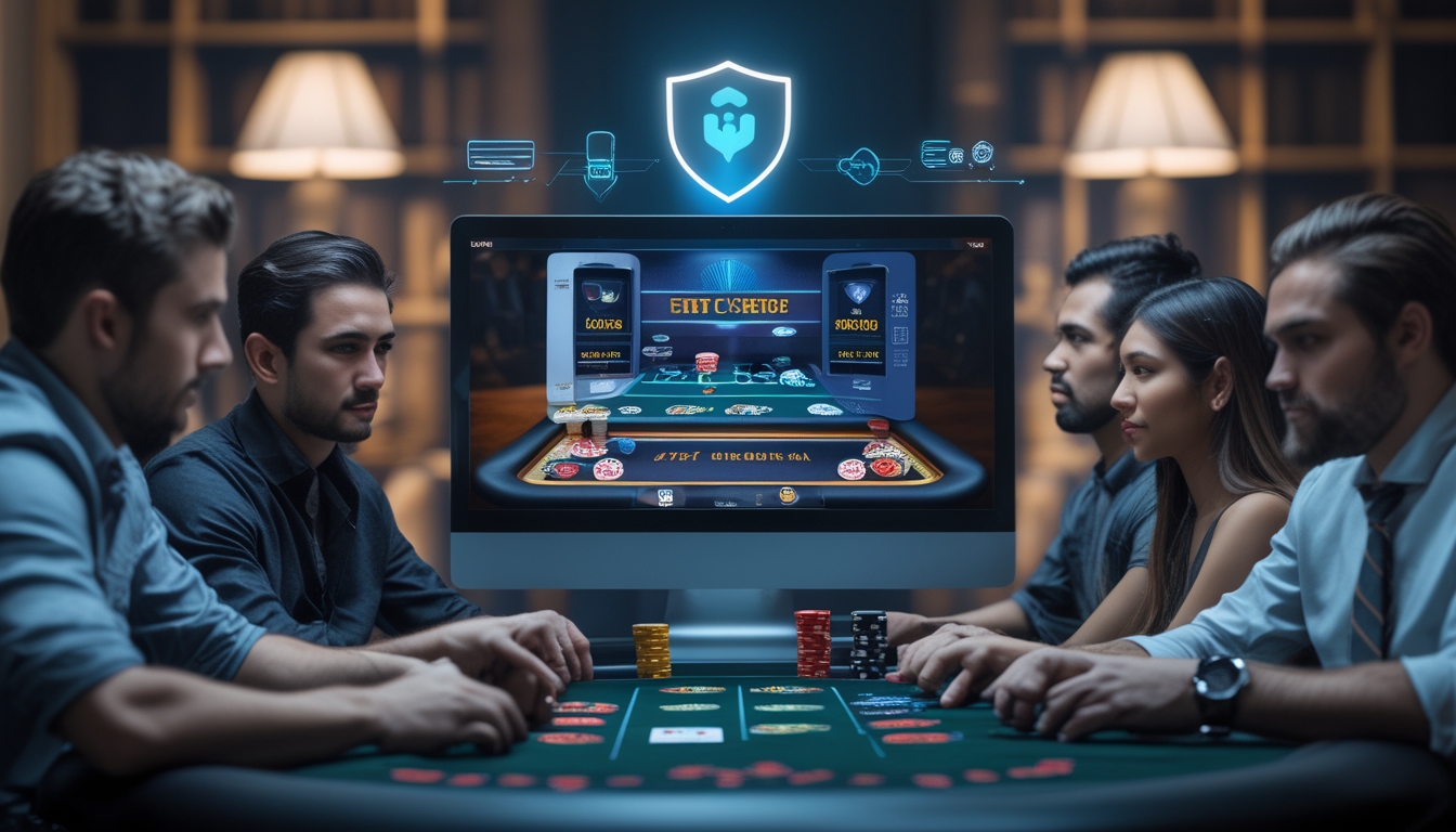 Sejumlah pemain poker fokus bermain di depan komputer dan ponsel dengan meja poker digital, di ruangan yang nyaman dan aman.