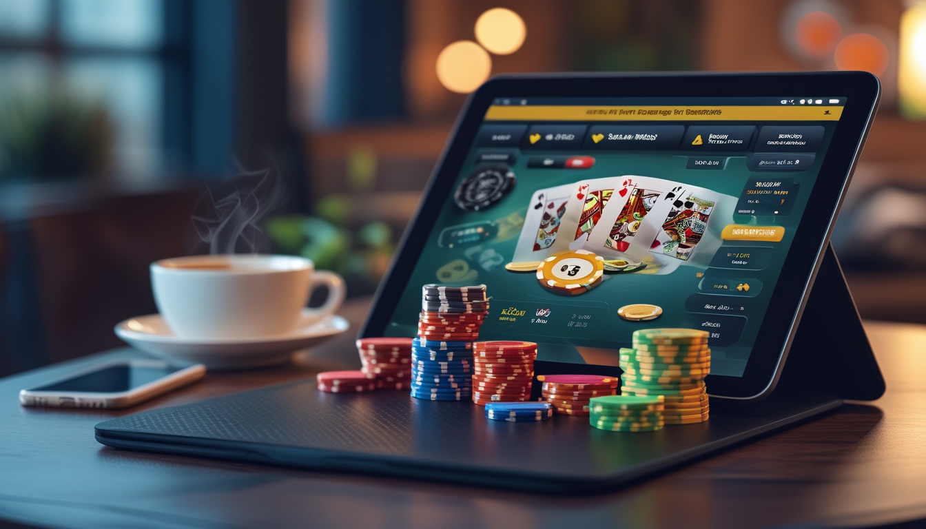 Seseorang bermain poker online menggunakan tablet dengan tumpukan chip poker di meja dan suasana nyaman di sekitar.