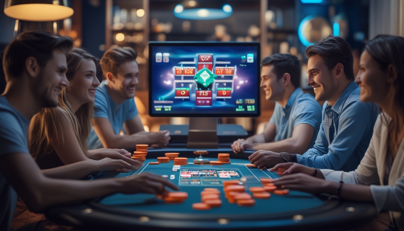 Sekelompok orang muda bermain poker online di depan komputer dengan suasana ceria dan fokus.