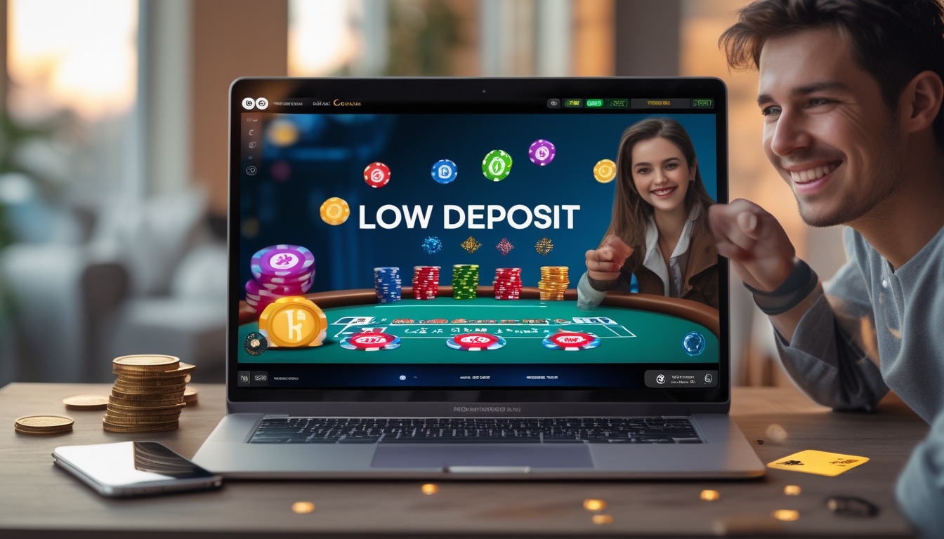 Seorang pemain muda tersenyum sambil melihat layar komputer yang menampilkan permainan poker online dengan chip dan kartu, menunjukkan suasana bermain poker online yang menyenangkan dan terjangkau.