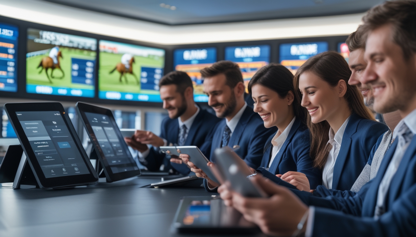 Orang-orang sedang memasang taruhan balap kuda di kantor taruhan modern dengan layar digital dan perangkat pembayaran yang aman.