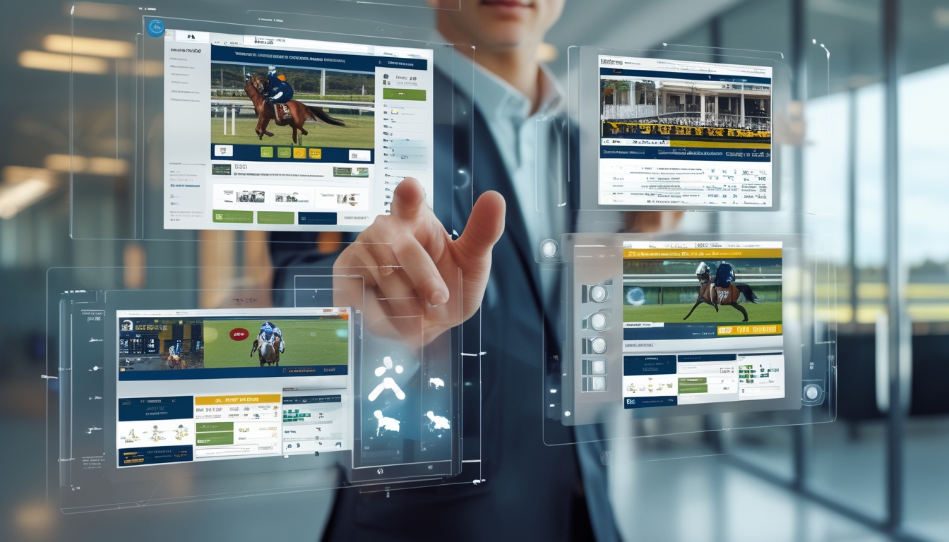 Seseorang sedang menggunakan antarmuka digital modern untuk memilih platform balap kuda terpercaya dengan latar kantor futuristik dan layar menampilkan grafik balap kuda.