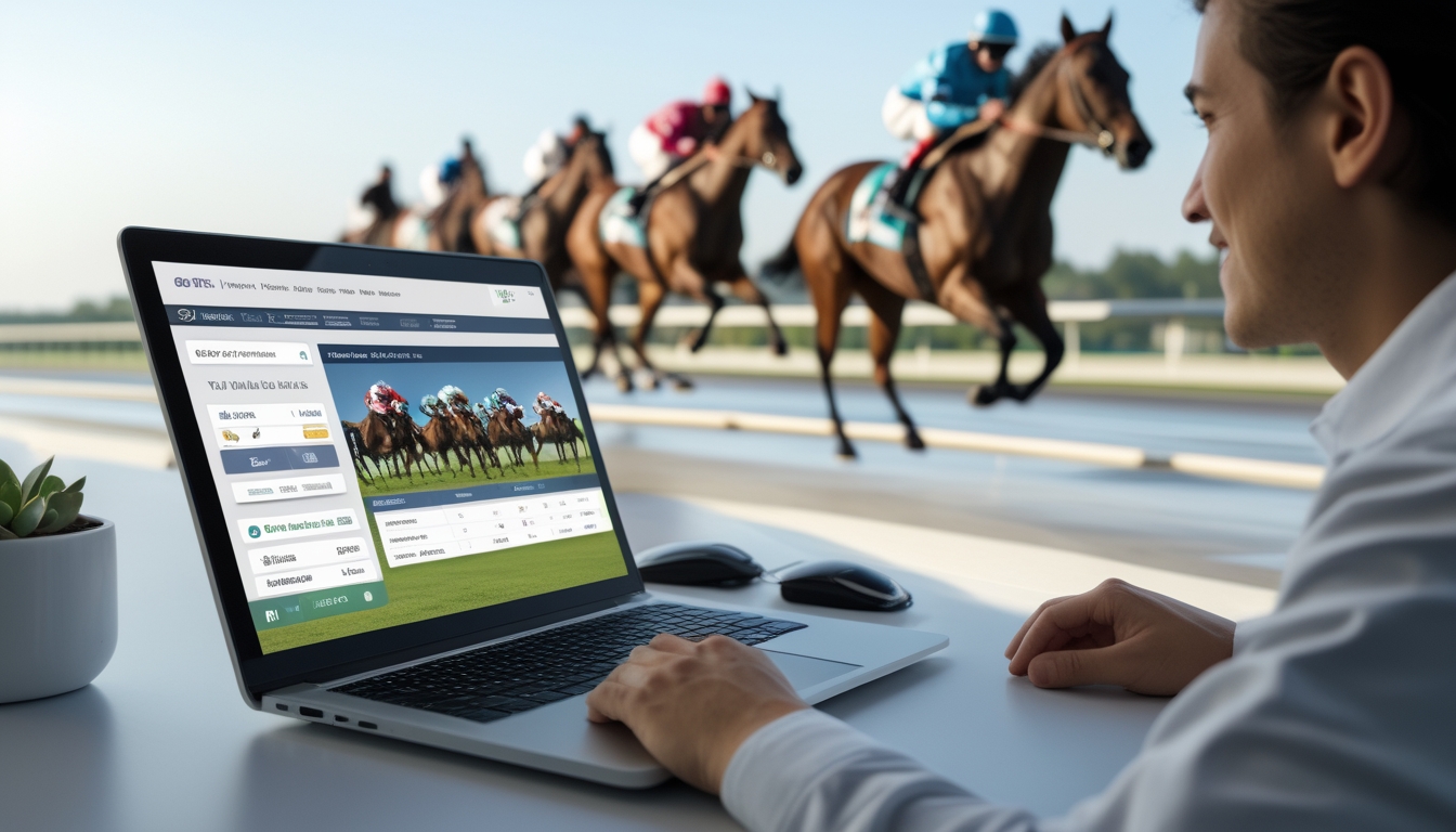 Seseorang menggunakan komputer dengan tampilan situs balap kuda online, latar belakang ada kuda berlari di arena balap.