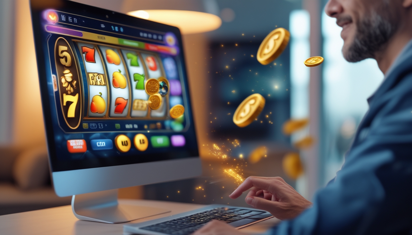 Seorang dewasa sedang menggunakan laptop dengan tampilan permainan slot berwarna-warni di layar, di ruangan yang nyaman dan terang.