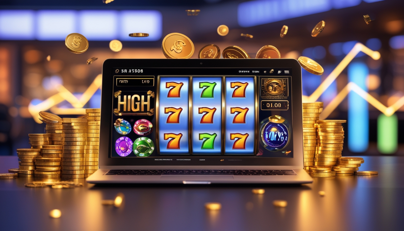 Layar perangkat digital menampilkan mesin slot online dengan simbol keberuntungan dan tumpukan koin emas di sekitarnya, menunjukkan suasana kemenangan besar dalam permainan slot.