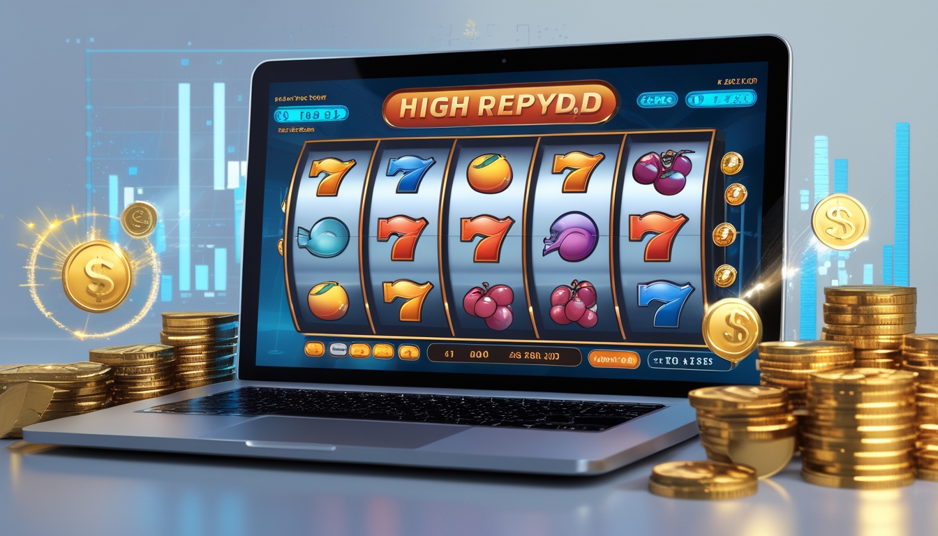 Sebuah komputer menampilkan permainan slot online dengan simbol buah dan koin emas, dikelilingi oleh tumpukan koin dan grafik naik yang menunjukkan keuntungan cepat.