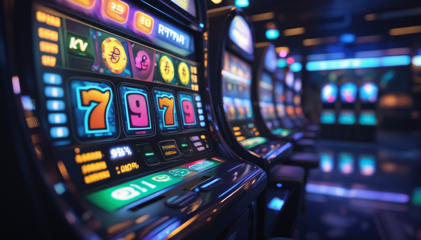 Antarmuka digital modern dengan grafik mesin slot berwarna cerah, simbol pembayaran cepat, dan latar belakang lounge permainan yang bergaya.