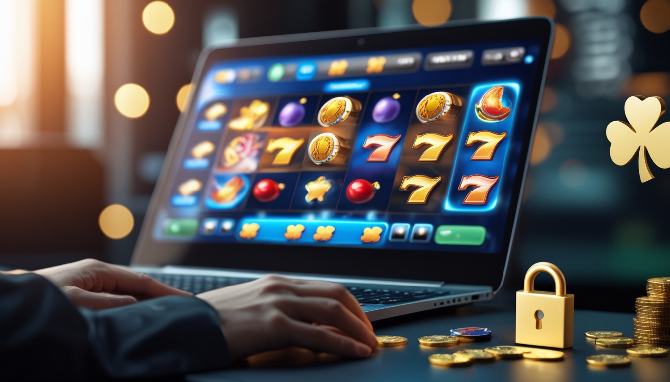 Seseorang bermain permainan slot online di komputer dengan tampilan grafis mesin slot yang berwarna-warni dan simbol keberuntungan di sekitar layar.