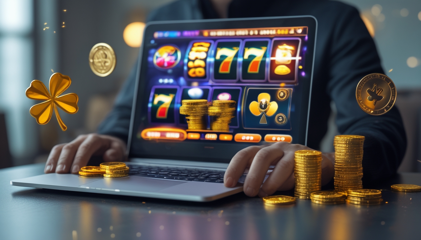 Seseorang menggunakan laptop dengan tampilan permainan slot online berwarna cerah, dikelilingi oleh tumpukan chip poker dan koin emas, menunjukkan suasana taruhan slot yang penuh keberuntungan.